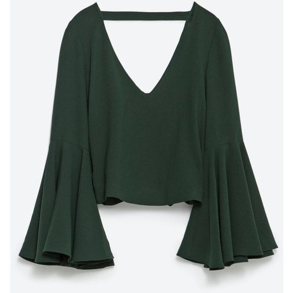 Zara Tops - Zara Trafaluc Dark Green Cropped  Bell Sleeve Top